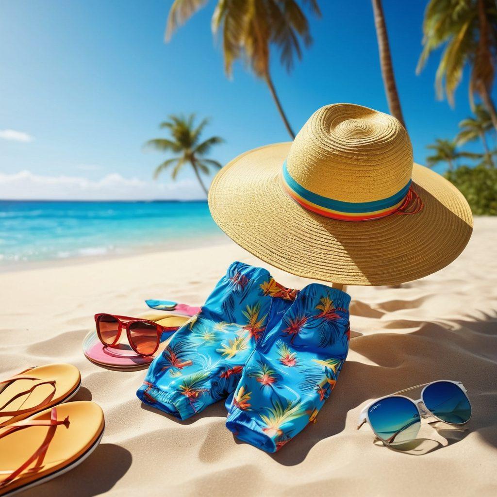 A stunning beach scene filled with stylish beachwear laid out on a sandy shore, featuring colorful swimsuits, sun hats, and trendy sunglasses. Include sun loungers with tropical drinks and a backdrop of clear blue water and palm trees swaying in the breeze. Capture the essence of a vibrant summer day. super-realistic. vibrant colors. sunny atmosphere.