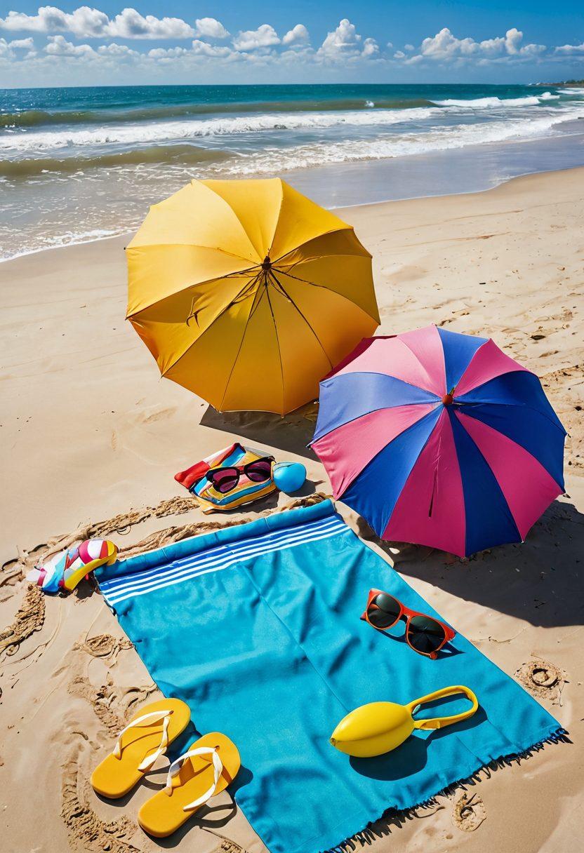 A picturesque beach scene featuring vibrant beach accessories such as a colorful umbrella, stylish beach towel, a set of fun beach toys, sunglasses, and a trendy beach bag all laid out on golden sand. Gentle waves lapping at the shore in the background and a bright blue sky with fluffy clouds above. Sunlight glistening on the water, creating an inviting atmosphere. Ensure the colors are bright and cheerful to reflect a perfect day at the beach. super-realistic. vibrant colors. sunny background.